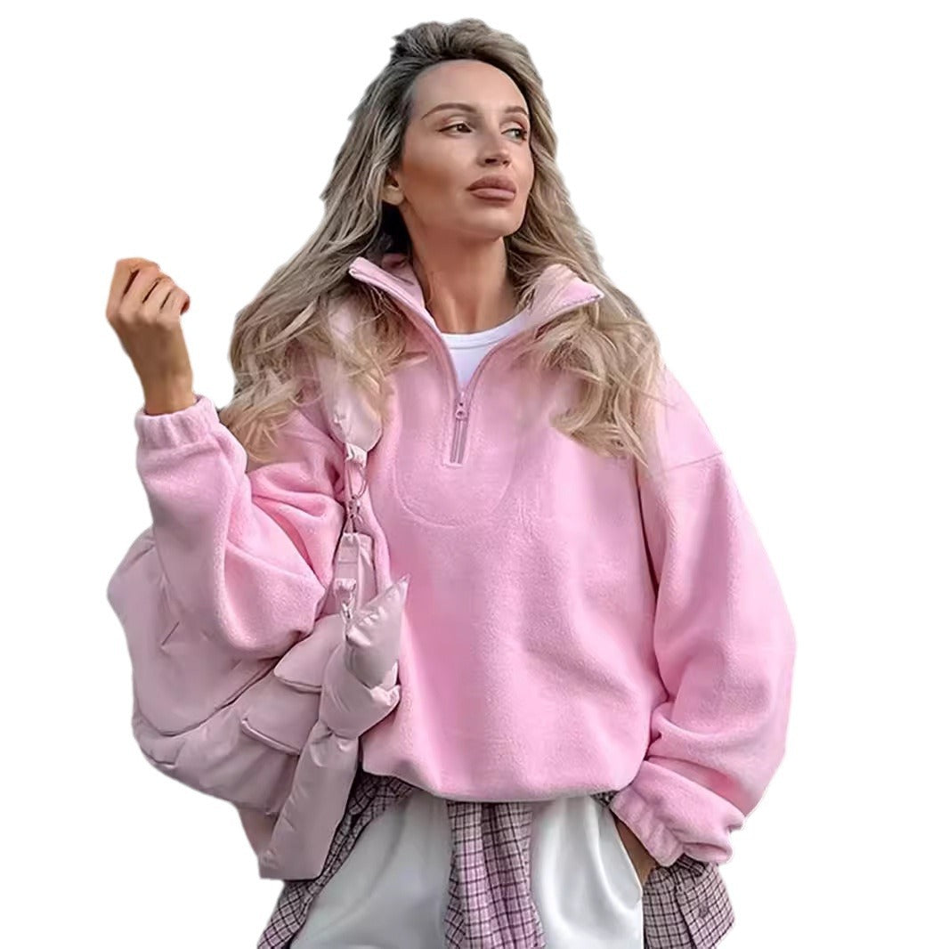 Damen Kuscheliger Fleece-Pullover mit kurzem Reißverschluss EB
