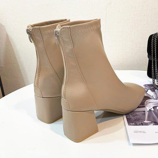 Damen elegante Stiefeletten mit blockiertem Absatz und Reißverschluss EB