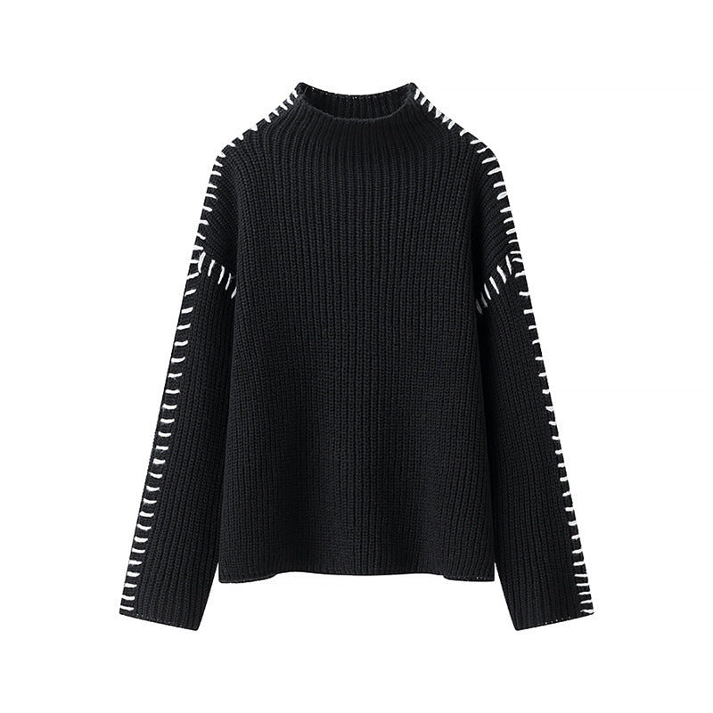 Damen modischer Strickpullover mit hohen Kragen und eleganten Seitendetails EB