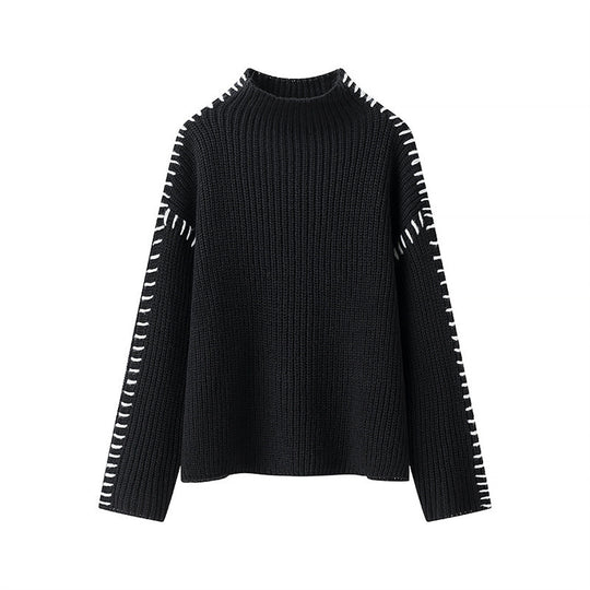 Damen modischer Strickpullover mit hohen Kragen und eleganten Seitendetails EB