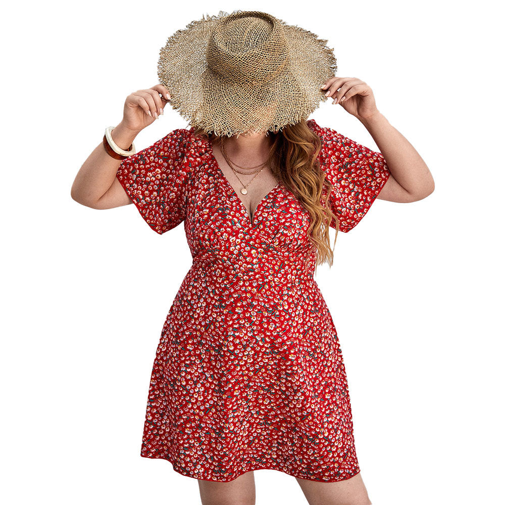 Damen Blütensommerkleid mit V-Ausschnitt und lockeren Ärmeln EB