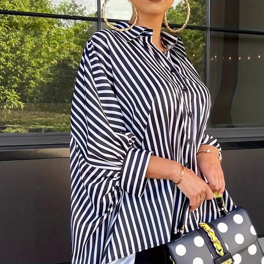 Damen Streifenbluse mit asymmetrischem Schnitt und Oversize-Design EB