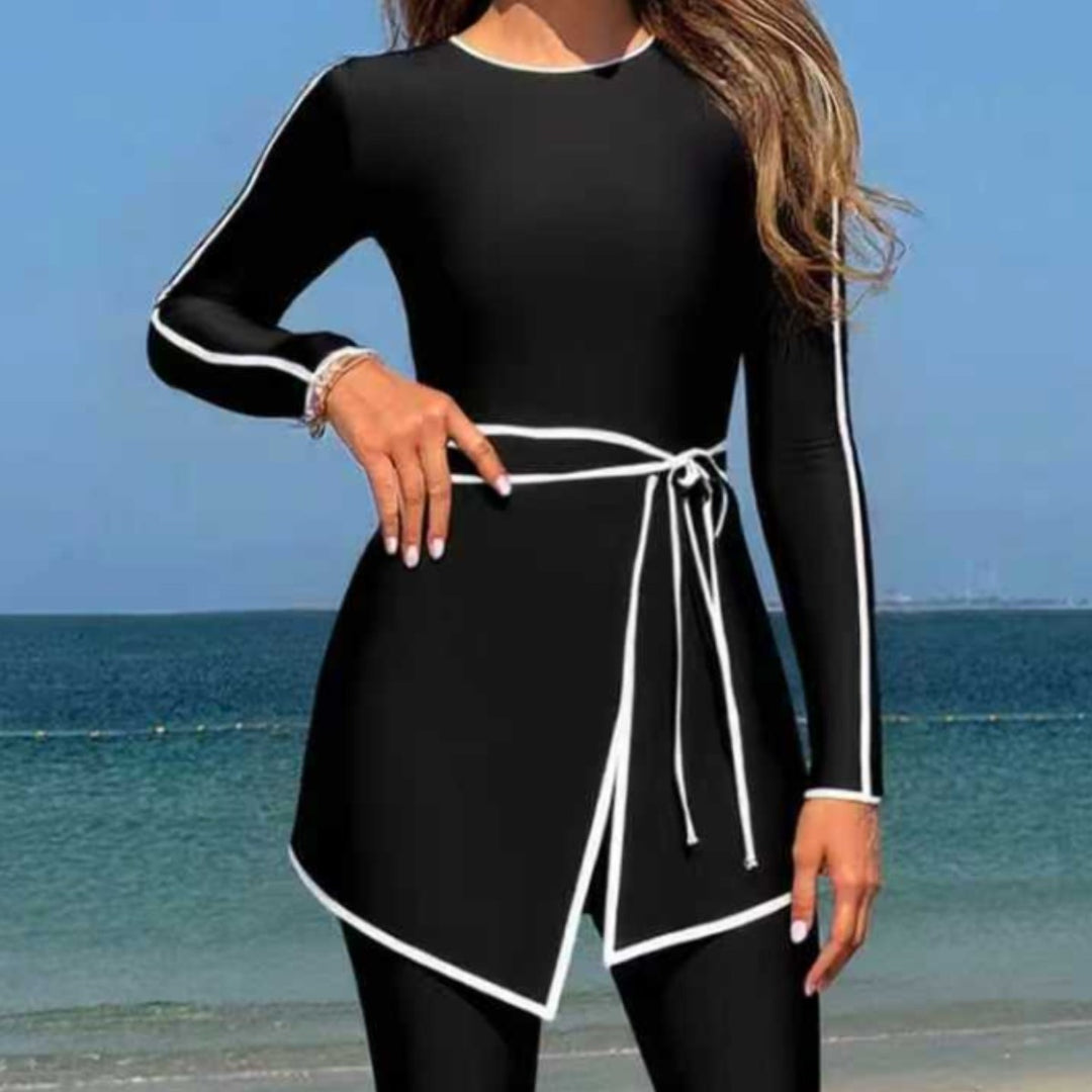 Damen modischer Langarm-Schwimmanzug mit Wickelrock EB