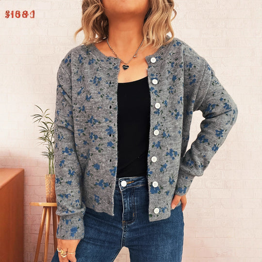 Damen gemütliche Strickjacke mit floralen Mustern und Knopfverschluss EB