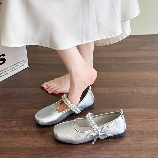 Damen Ballerinas mit dekorativem Perlenriemen und Schleifenakzent EB