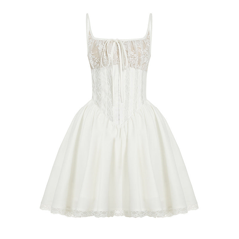 Damen Spitzenkleid mit tailliertem Schnitt und Rüschendetails EB