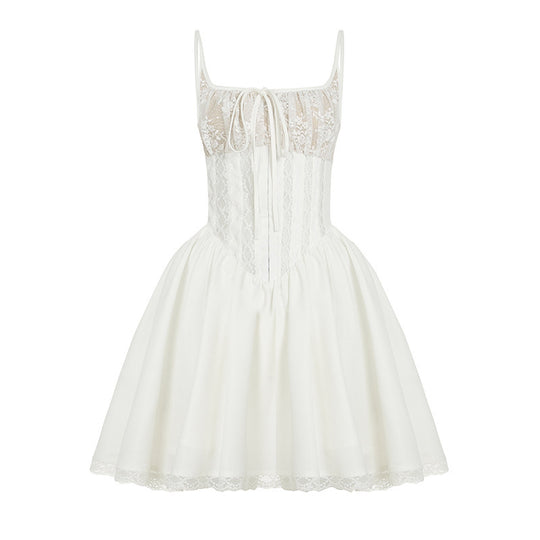 Damen Spitzenkleid mit tailliertem Schnitt und Rüschendetails EB