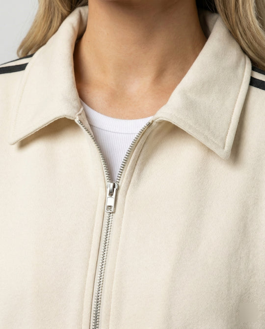 Damen sportlich-elegante weite Reißverschlussjacke mit Hemdkragen, Eingrifftaschen und kontrastierenden Ärmelstreifen EB