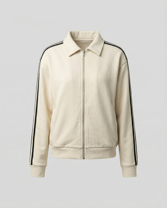 Damen sportlich-elegante weite Reißverschlussjacke mit Hemdkragen, Eingrifftaschen und kontrastierenden Ärmelstreifen EB