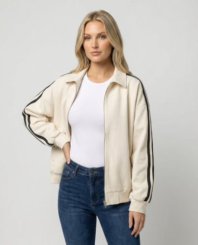 Damen sportlich-elegante weite Reißverschlussjacke mit Hemdkragen, Eingrifftaschen und kontrastierenden Ärmelstreifen EB