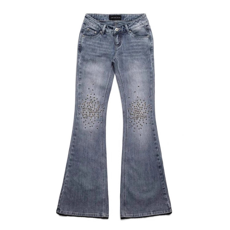 Damen Modische Bootcut-Jeans mit glitzernden Nieten EB