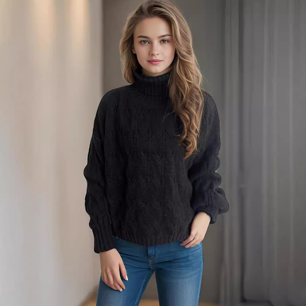 Damen Strickpullover mit hohem Kragen und strukturierter Zopfoptik EB