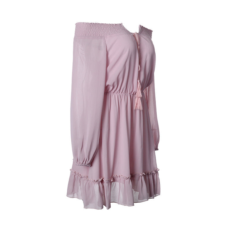 Damen Off-Shoulder Kleid mit Rüschendetails und elastischem Taillenzug EB