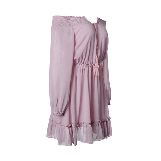 Damen Off-Shoulder Kleid mit Rüschendetails und elastischem Taillenzug EB