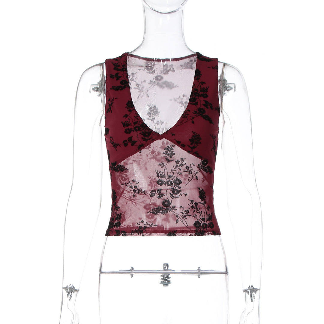 Damen elegantes Spitzentop mit floralem Muster und tiefem V-Ausschnitt EB
