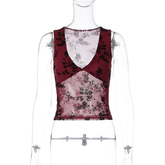Damen elegantes Spitzentop mit floralem Muster und tiefem V-Ausschnitt EB