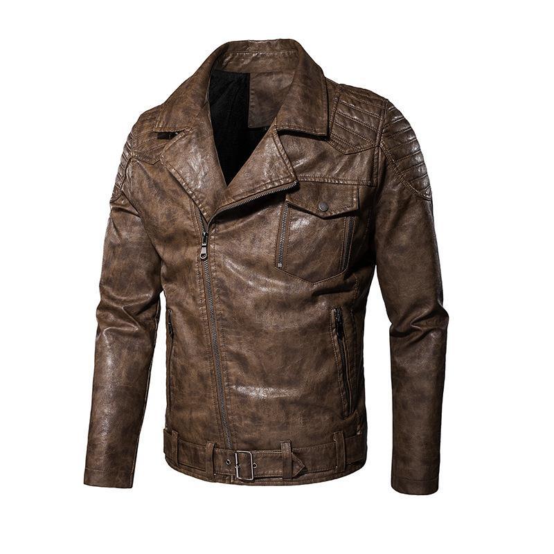 Herren Kunstleder-Bikerjacke mit asymmetrischem Reißverschluss Gürteldetail und gesteppter Schulterpartie EB