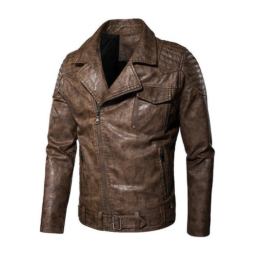 Herren Kunstleder-Bikerjacke mit asymmetrischem Reißverschluss Gürteldetail und gesteppter Schulterpartie EB