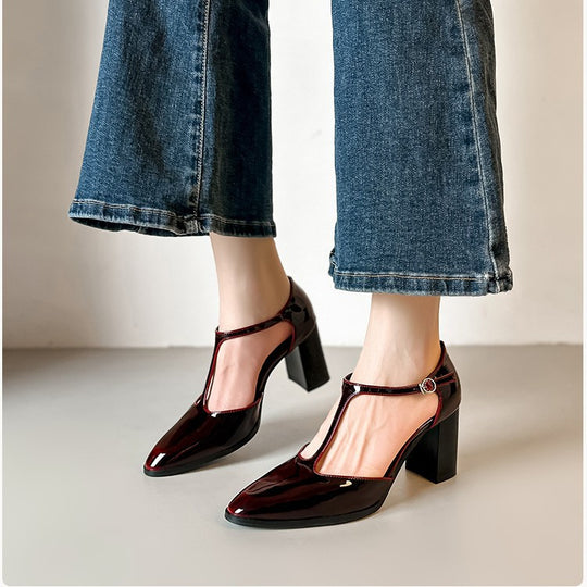 Damen Elegante T-Strap Pumps mit Blockabsatz EB