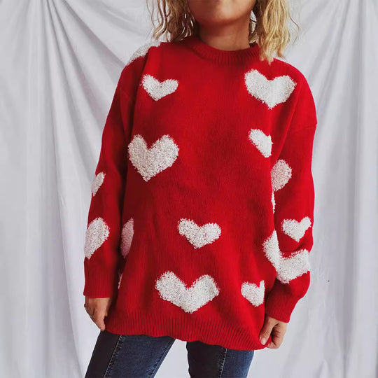 Damen Pullover mit Herzmuster und flauschigen Applikationen EB