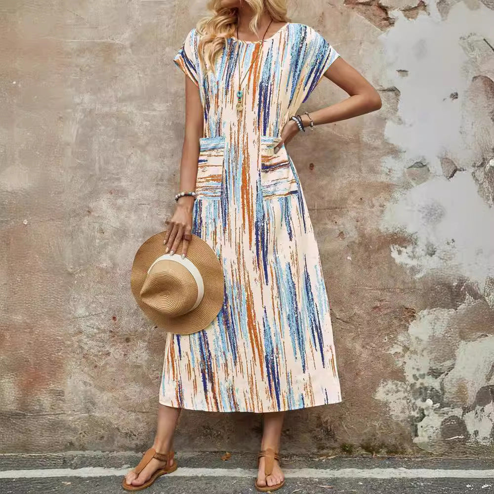 Damen Maxikleid mit praktischen Taschen und modischem Streifenmuster EB