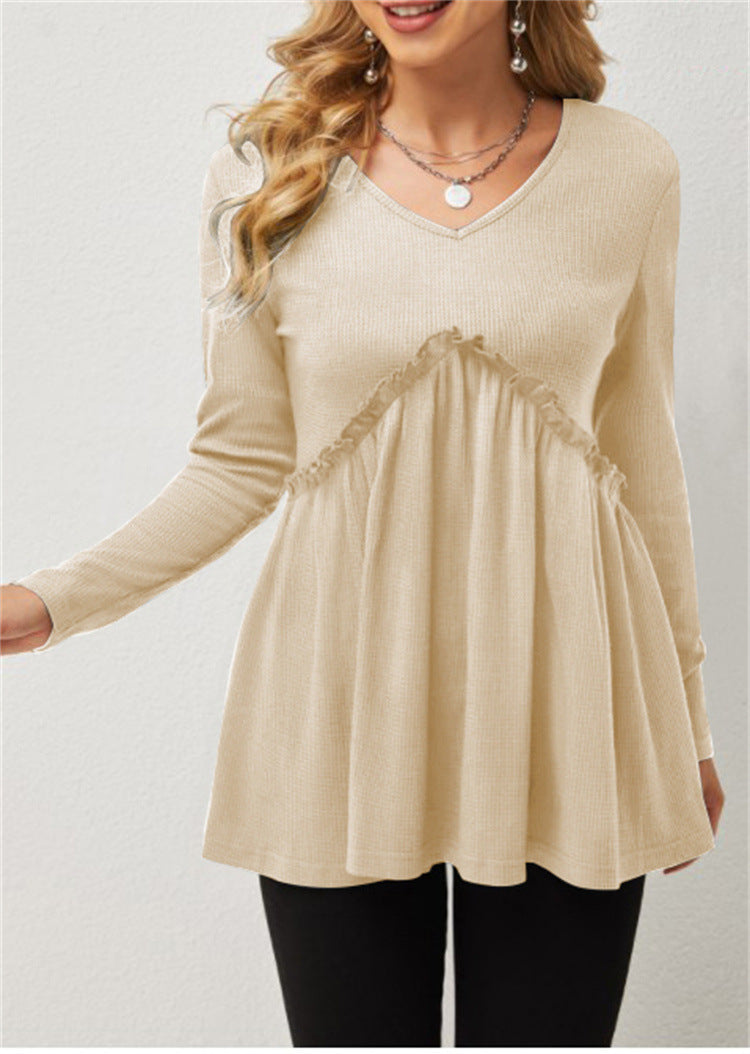 Damen V-Ausschnitt Langarmshirt mit Rüschendetail EB