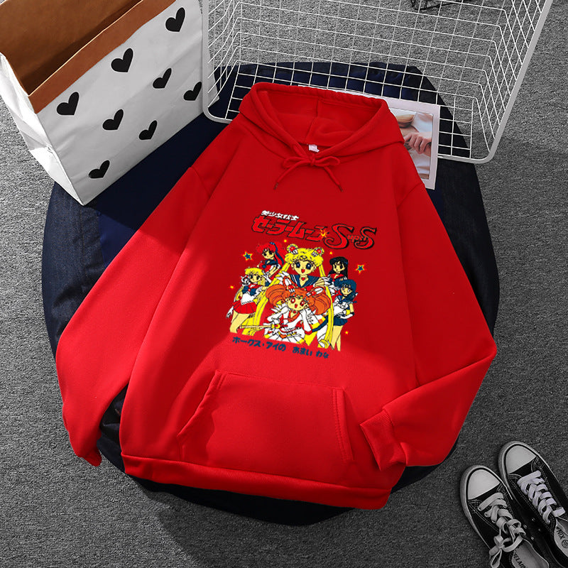 Damen nan Oversize-Kapuzenpullover mit gerautem Fleecefutter, Retro‑Anime‑Print und Kängurutasche EB