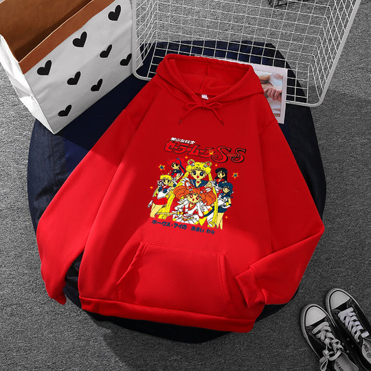 Damen nan Oversize-Kapuzenpullover mit gerautem Fleecefutter, Retro‑Anime‑Print und Kängurutasche EB