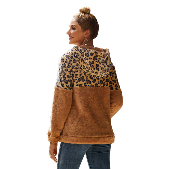 Damen kuscheliger Kapuzenpullover mit aufregendem Leopardenmuster und Kängurutasche EB