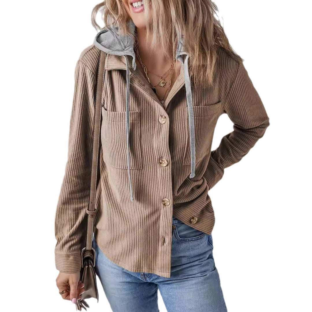 Damen lässige Oversized-Hemdjacke mit Kapuze und strukturiertem Stoff EB