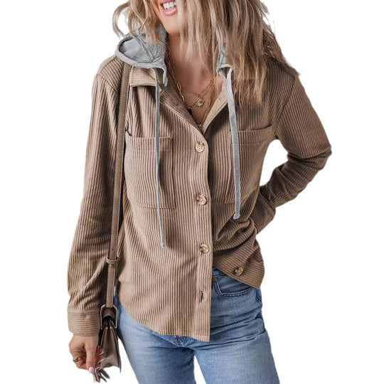 Damen lässige Oversized-Hemdjacke mit Kapuze und strukturiertem Stoff EB