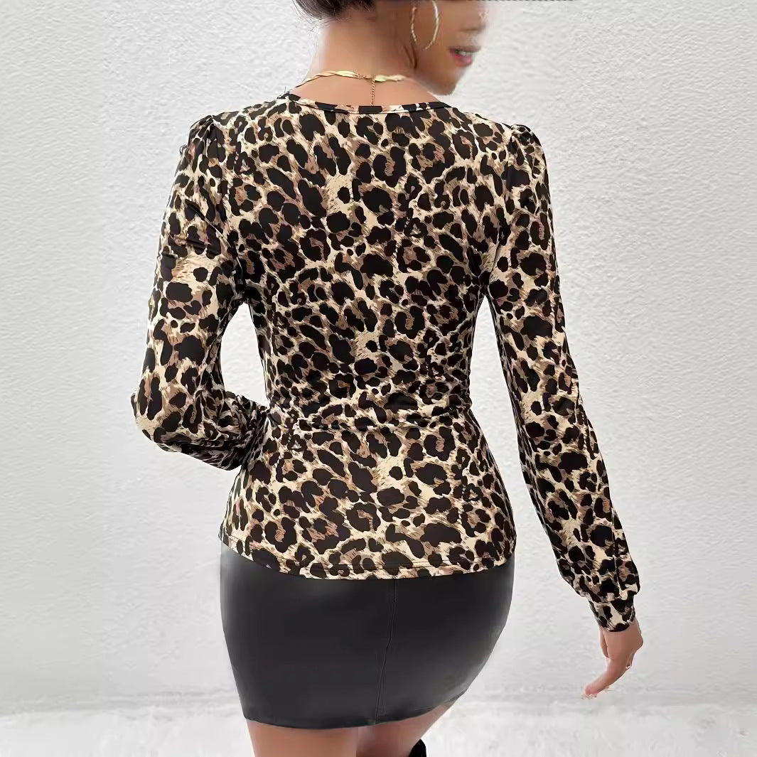 Damen nan taillierter Langarm-Body mit Spitzen-V-Ausschnitt und Leopardenmuster EB