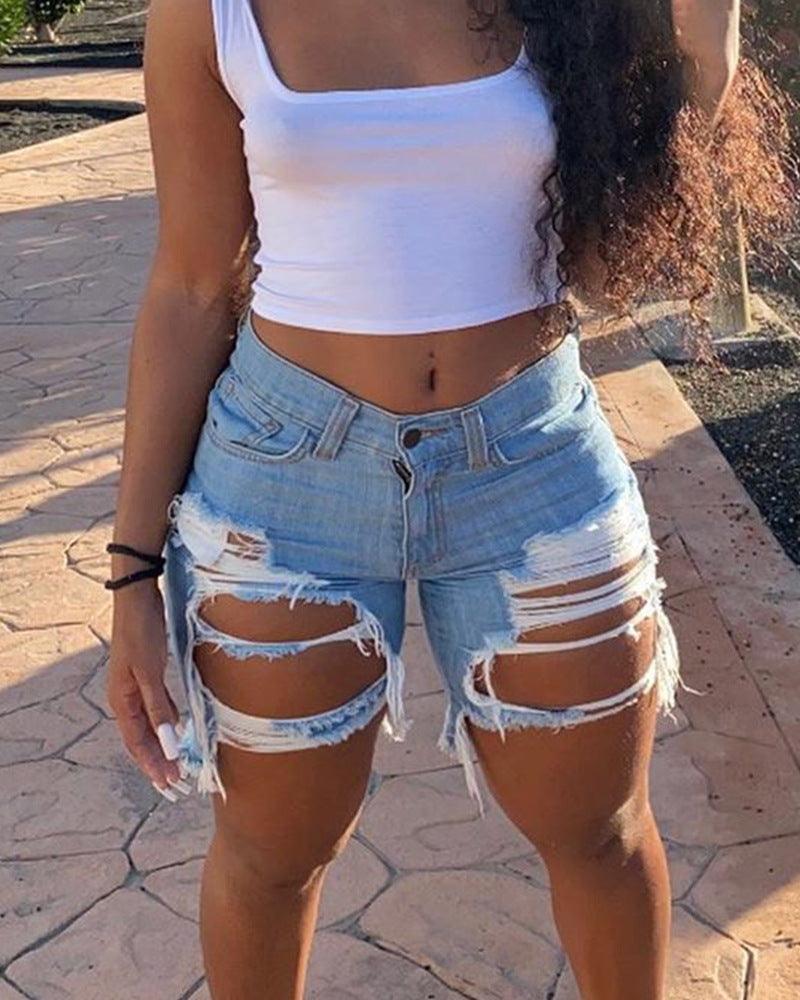 Damen Jeans-Shorts mit modischen Destroyed-Details und fransigen Säumen EB