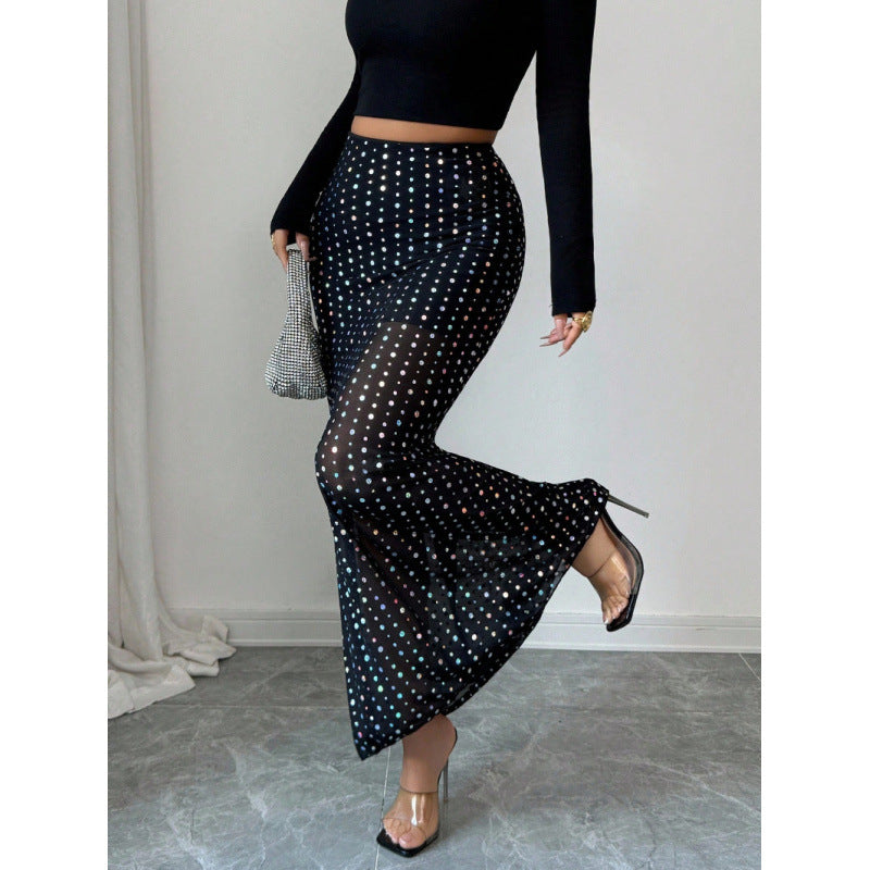 Damen Elegante und schicke maxi Rock mit Pünktchenmuster EB
