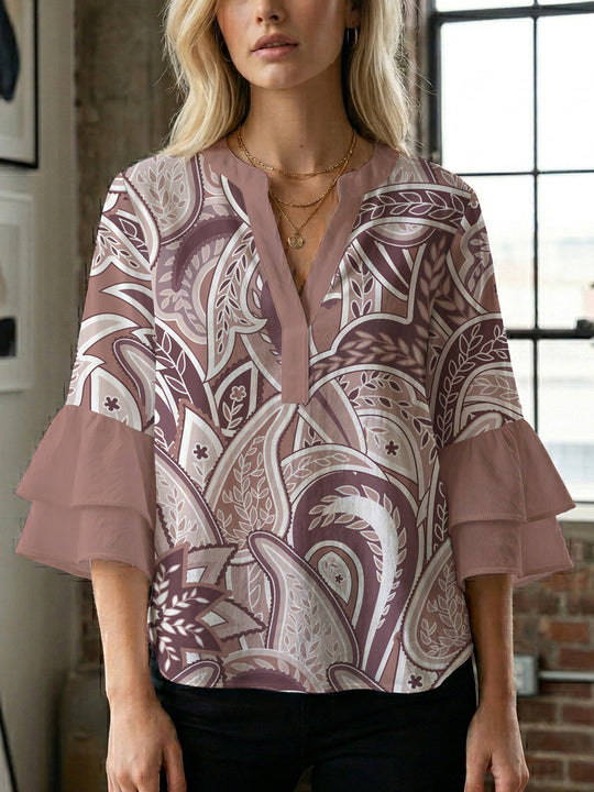 Damen Bluse mit voluminösen Rüschenärmeln und kreativem Floraldesign EB