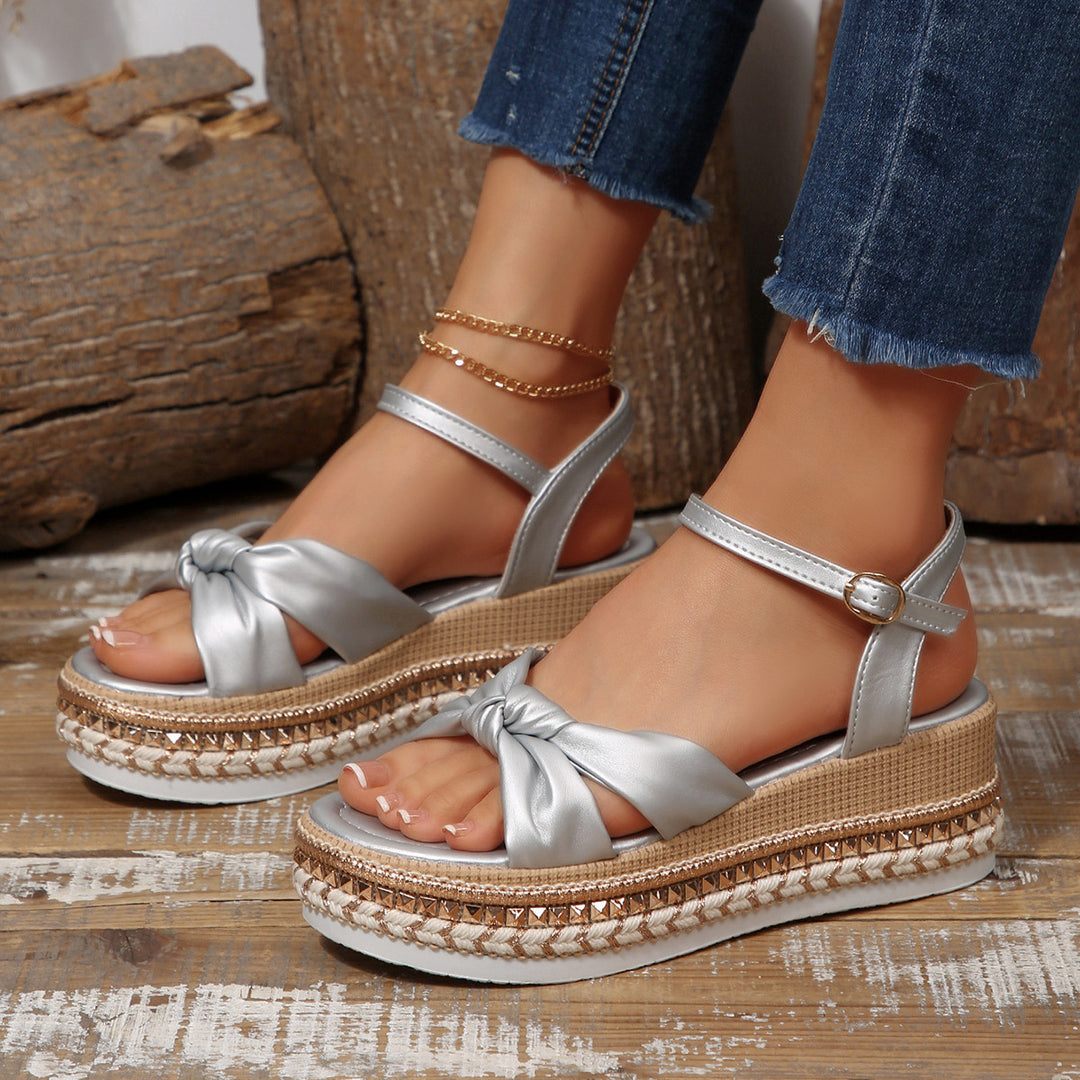 Damen elegante Plateau-Sandalen mit dekorativem Knötchen-Design EB