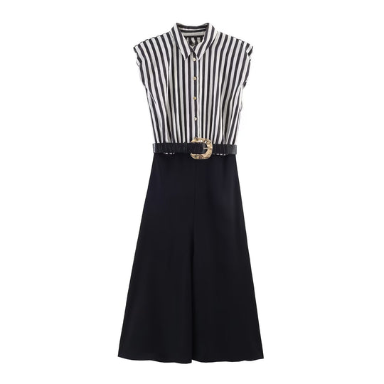 Damen Jumpsuit mit elegantem Streifenmuster und dekorativem Gürtel EB