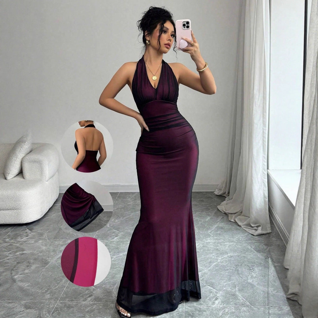 Damen Elegantes Maxikleid mit tiefem V-Ausschnitt und taillierendem Schnitt EB