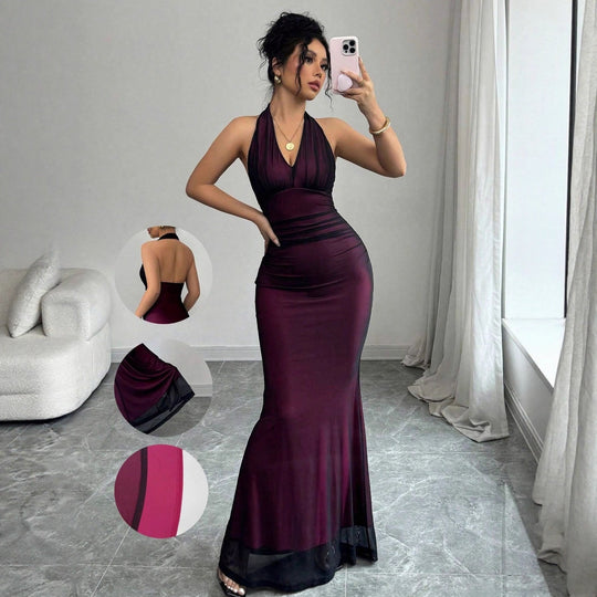 Damen Elegantes Maxikleid mit tiefem V-Ausschnitt und taillierendem Schnitt EB