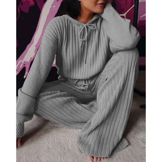 Damen Geripptes Strick-Loungewear-Set mit Kapuzenpullover und weiter Kordelzughose EB