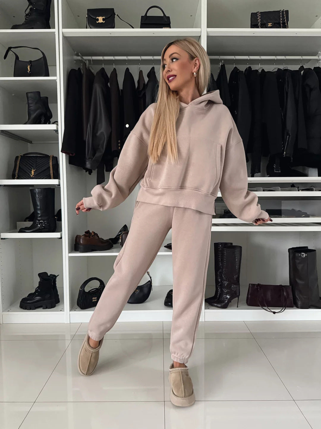 Damen Kurzgeschnittenes Kapuzen-Hoodie und High‑Waist Jogginghose Set aus weichem French-Terry EB