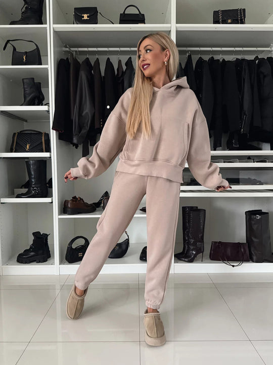 Damen Kurzgeschnittenes Kapuzen-Hoodie und High‑Waist Jogginghose Set aus weichem French-Terry EB