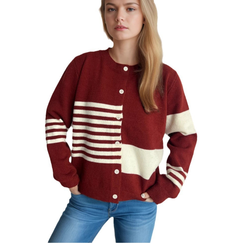 Damen Strickjacke mit modernen Streifenmustern und Knopfverschluss EB