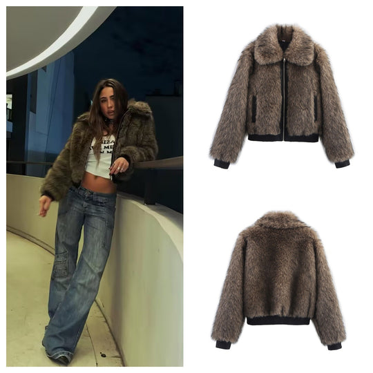 Damen kuschelige Kunstpelzjacke mit modischem Kragen EB