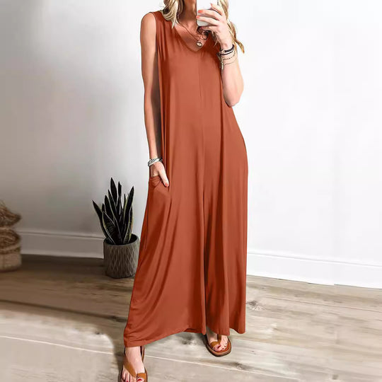 Damen weit geschnittene Jumpsuit mit V-Ausschnitt EB