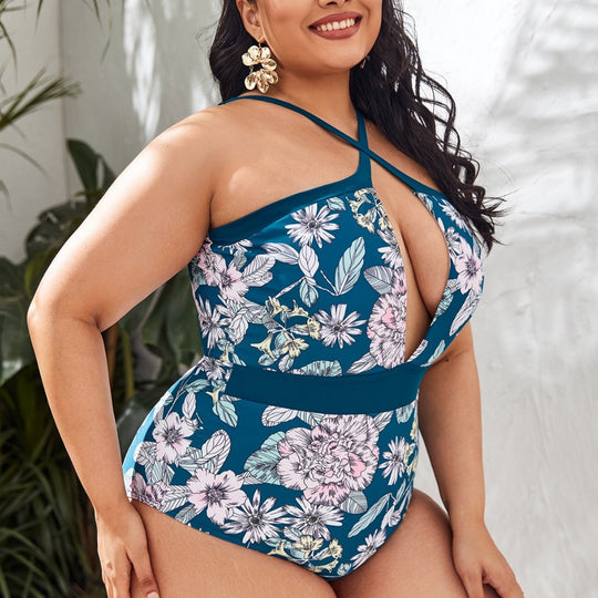 Damen Sportlicher Badeanzug mit tiefem V-Ausschnitt und floralem Design EB
