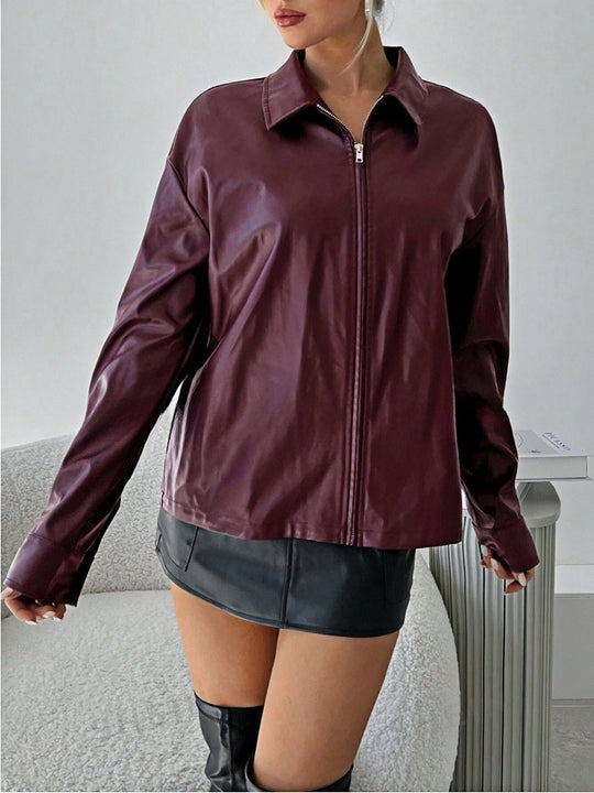 Damen leichtgewichtige Kunstlederjacke mit modernem Reißverschluss EB