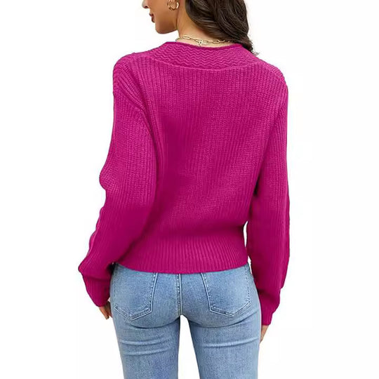 Damen lässiger Strickpullover mit tiefem V-Ausschnitt und Knopfdetails EB