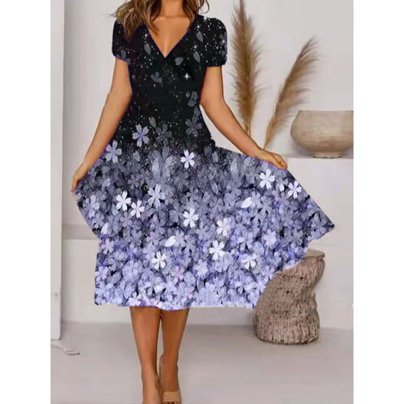 Damen A-Linie Sommerkleid mit V-Ausschnitt und floralen Akzenten EB