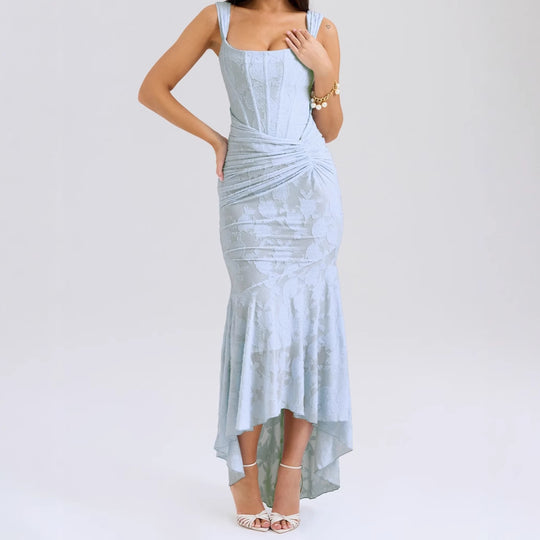 Damen Elegantes Spitzenkleid mit asymmetrischem Saum und gerafften Details EB